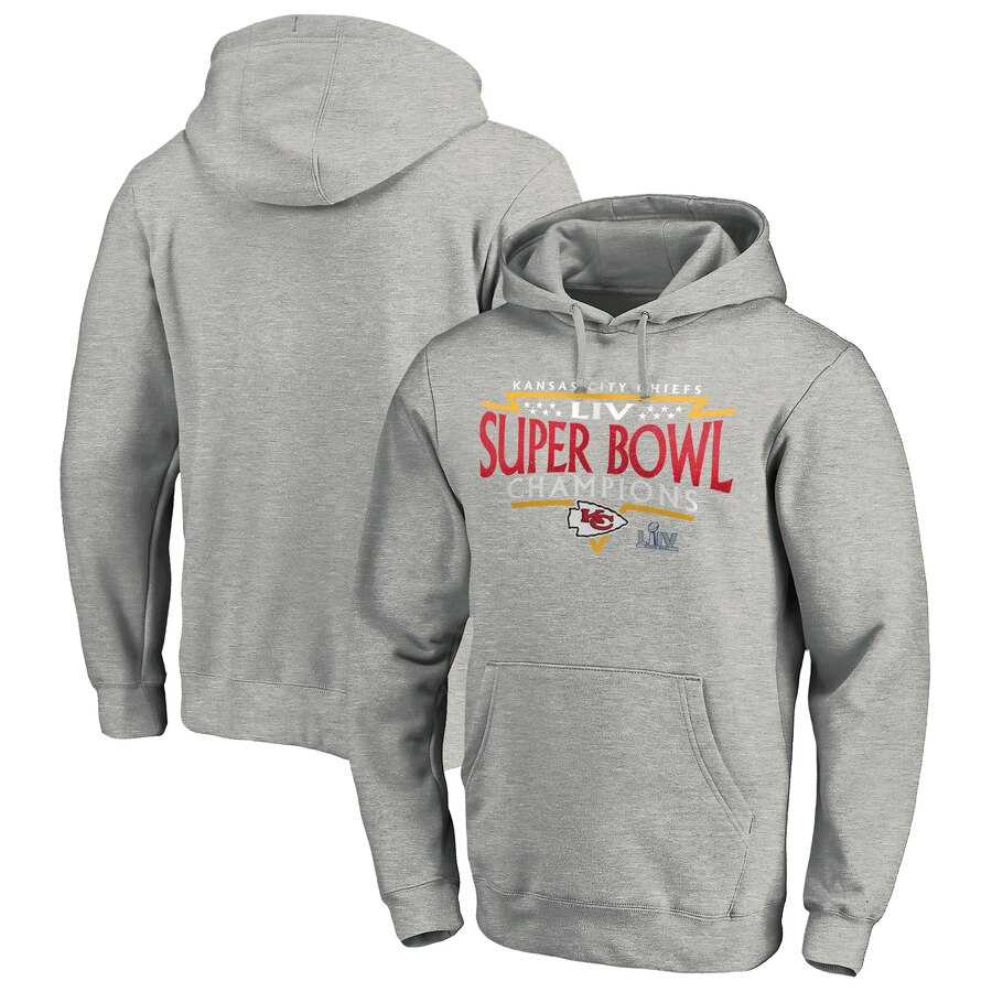 Men Kansas City Chiefs NFL Pro Line by Fanatics Branded Super Bowl LIV Champions Neutral Zone Pullover Hoodie Heather Gray
